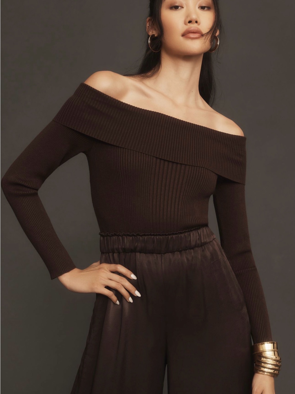 Anthropologie Off-The-Shoulder Ribbed Sweater In Dark Brown